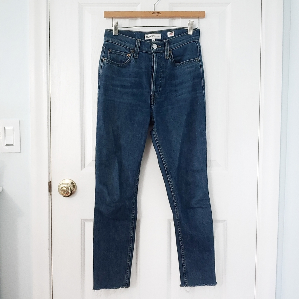 re/done high rise ankle crop stretch medium dark wash jeans